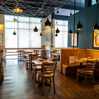 Seating tables and restaurant booths.