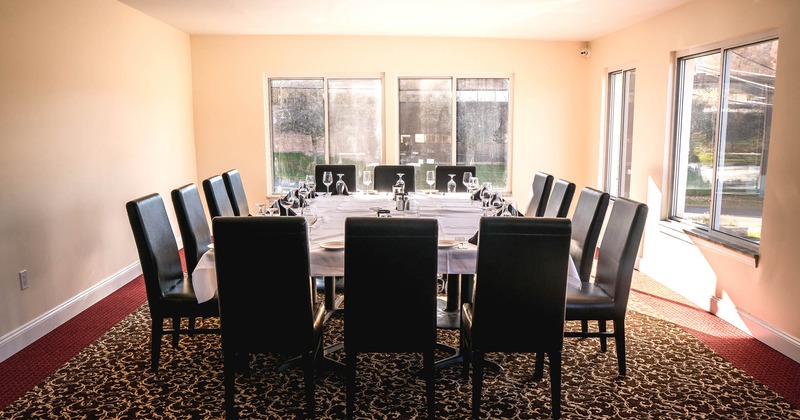 Interior, a large dining table set with clean glasses and plates, windows, chairs, carpet