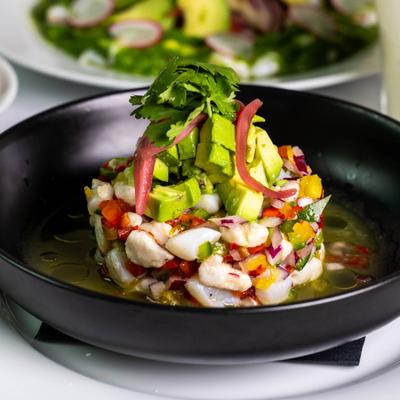 Ceviche, served, closeup.