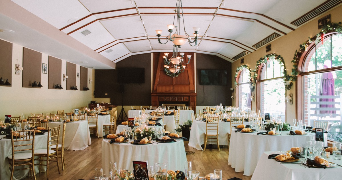 Main ballroom, fully set and decorated dining tables