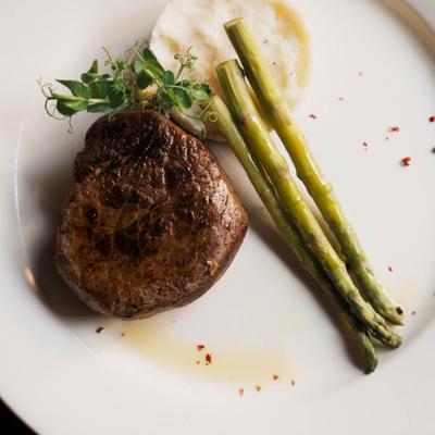 Filet Mignon, mashed potatoes, and asparagus.