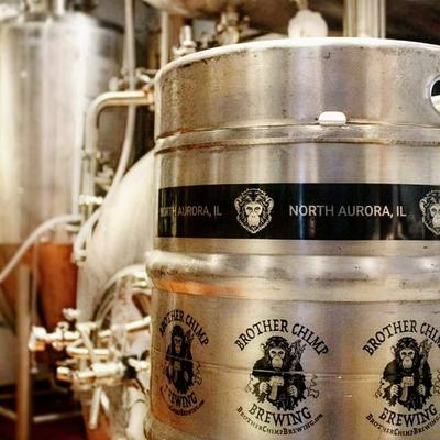 A close-up of a metal keg from Brother Chimp Brewing.