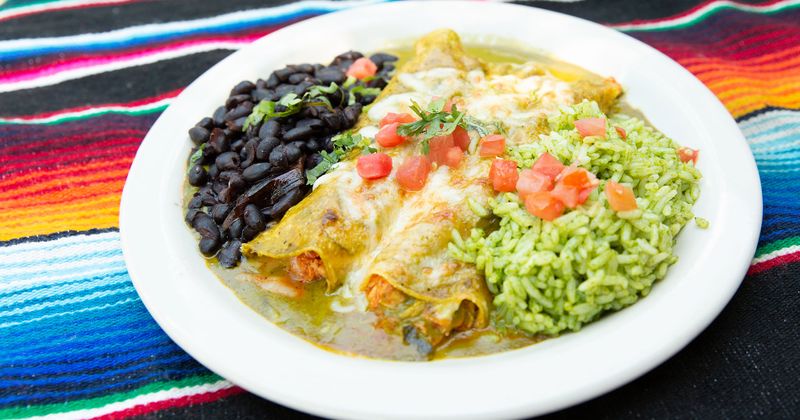 Poblano Enchiladas with black beans and green rice
