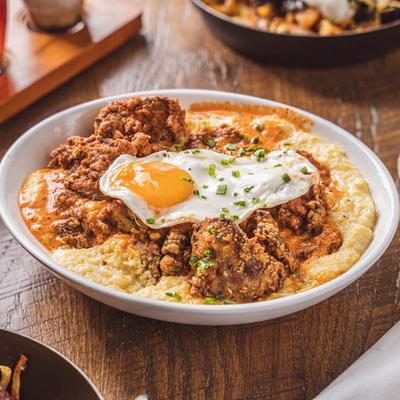 Cajun-fried chicken livers served over grits and topped with a fried egg