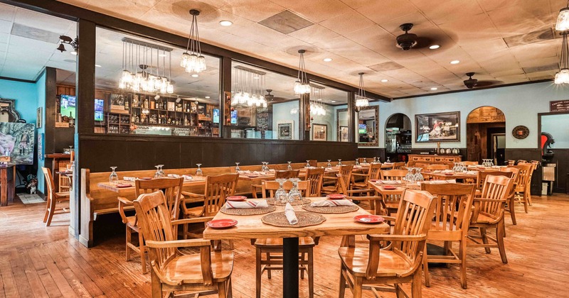 Interior, seating area, tables with tableware