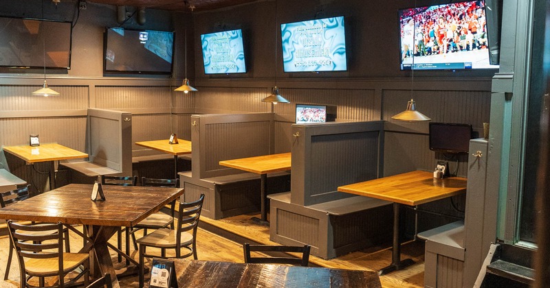 Interior, booths, tables and chairs