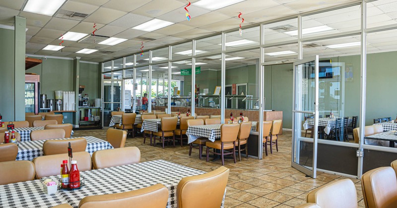 Dining tables and seating space inside