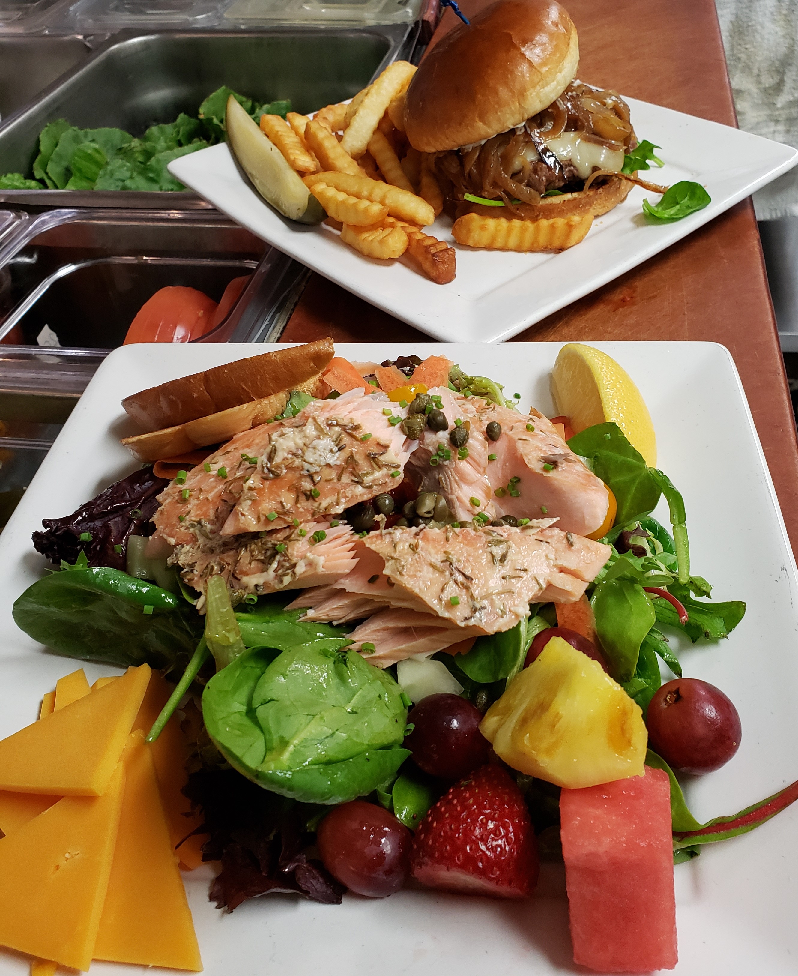 Salmon Salad and Gruyere Burger