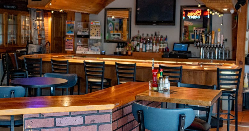 Interior, bar area and bar stools