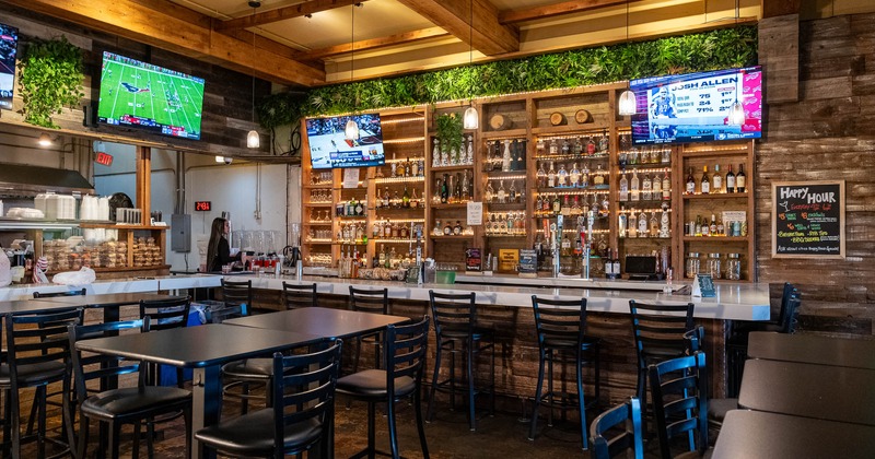 Interior, seating place with high tables and chairs