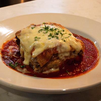 Lasagna in tomato sauce.