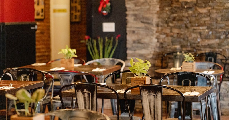 Interior, seating area, tables with chairs