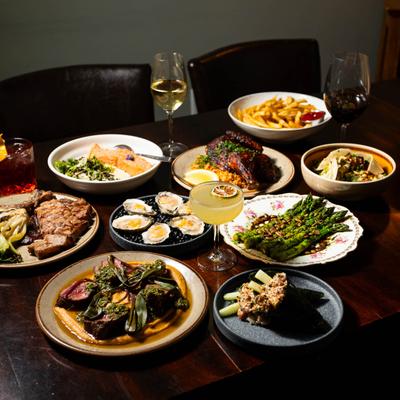 Various meals and drinks on the table.
