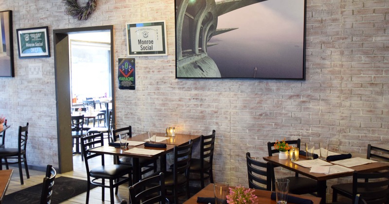 Interior, dining area with tables and chairs