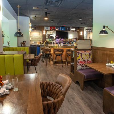 Restaurant interior, seating.