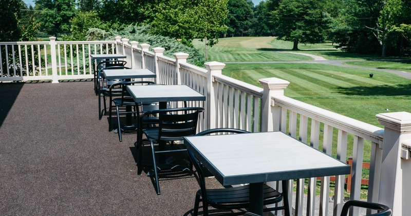 Exterior, seating place on terrace with view on lawn and trees