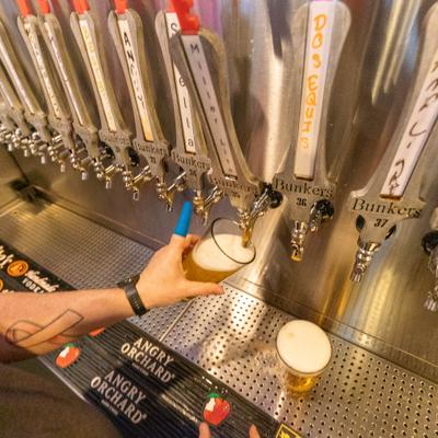 Draft beer poured from a beer tap wall.