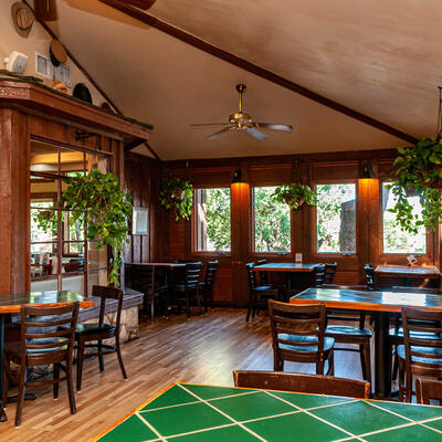 Cozy dining room with wooden tables, chairs, and hanging plants.