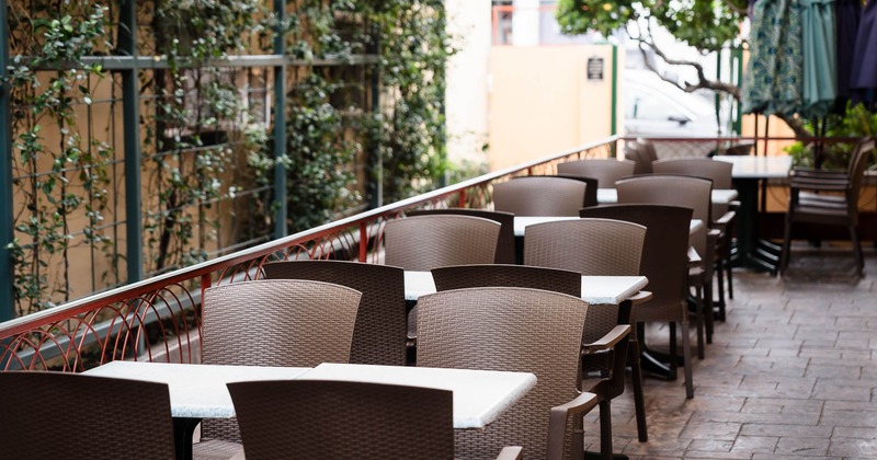 Exterior, tables and chairs ready for guests