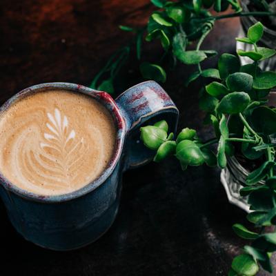 A mug of latte with latte art sits next to a decorative plant.
