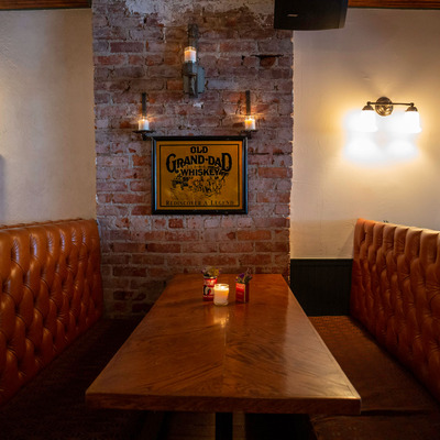 Interior, table and decorative photo on the wall