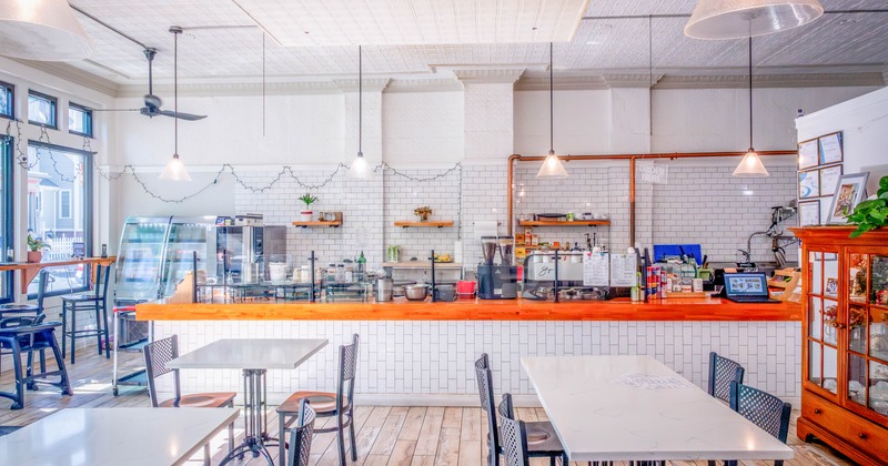 Interior, seating place with bar behind