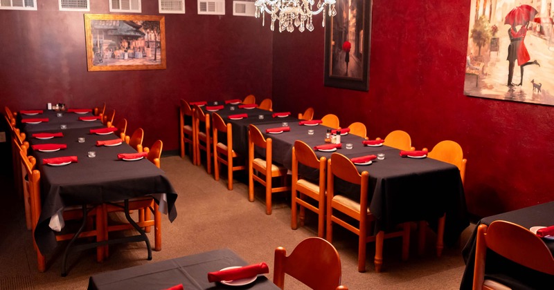 Interior, event space, set tables and chairs