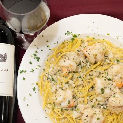 Shrimp pasta with creamy sauce.