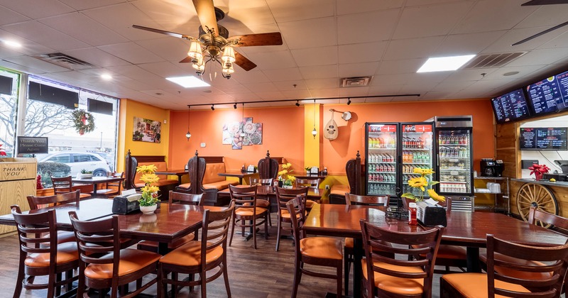 Interior, tables and chairs ready for guests