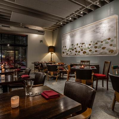 The restaurant's interior, tables and chairs.