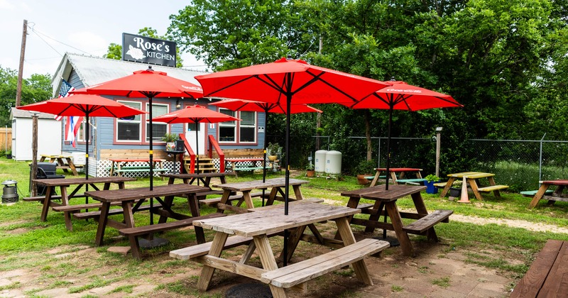 Exterior, patio, picnic tables, parasols