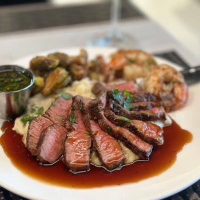 Wood fire grilled KC Strip steak and jumbo shrimp, Surf & Turf - Sierra Grill, Lenexa City Center.