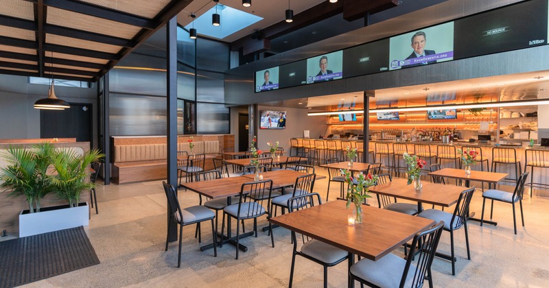 Interior, seating area with tables and chairs