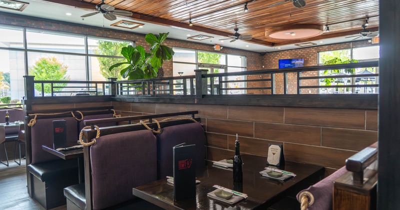 Interior, restaurant booths in dining area