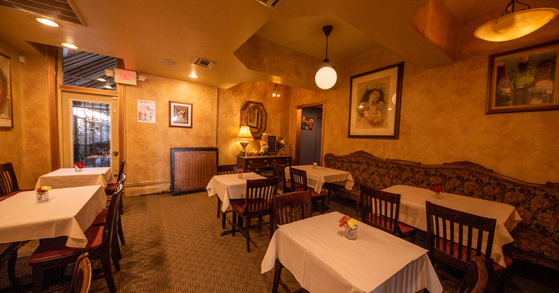 Retro interior, tables and seating