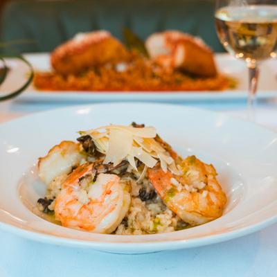 Shrimp risotto with Parmesan shavings.
