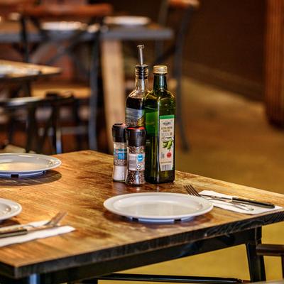 Fully set dining table.