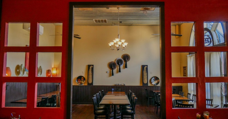 Interior, tables and chairs lined up