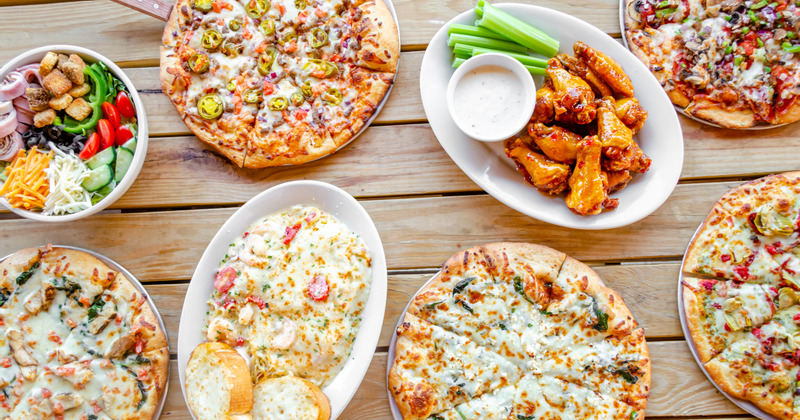 A fully served table, top view