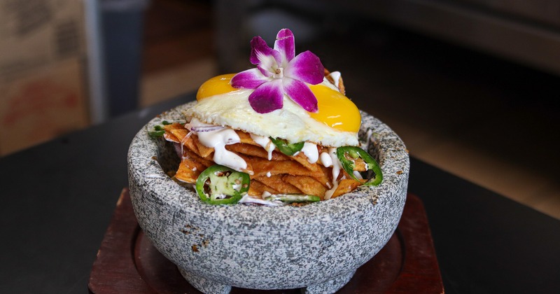 Angled view of the chilaquiles rojos meal