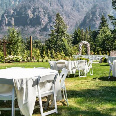 Two tables set outside,wedding preparations