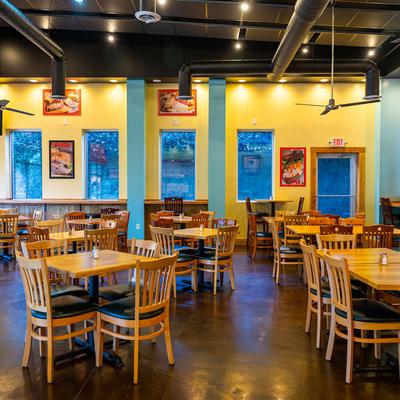 Interior, dining area, exit door in the background