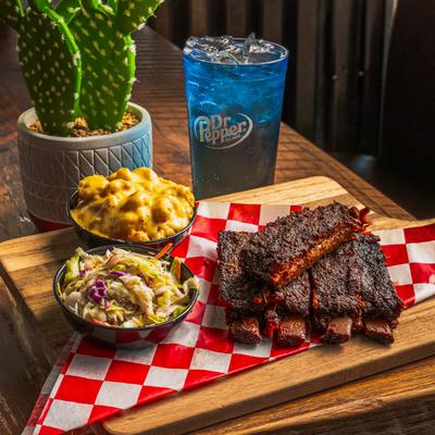 Smoked ribs, with side dishes.