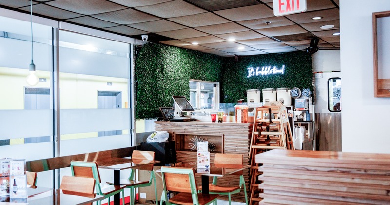 Interior, diner area, tables, chairs,  drink counter