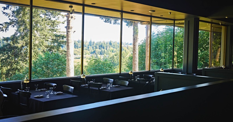 Interior with dark furnishings and large windows overlooking a tree-filled landscape