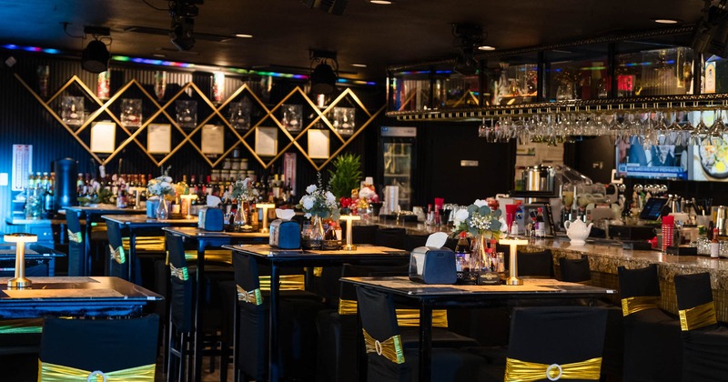 Interior, tall table and bar stools