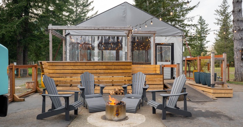 Exterior, lawn chairs around a fire pit