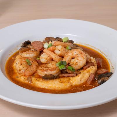 Shrimp and Grits, in chicken broth.