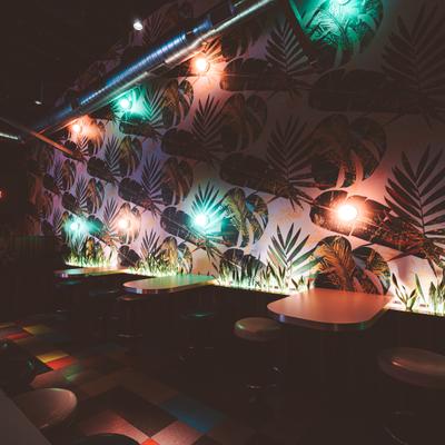 Seating area, greenery wallpaper, LED lights