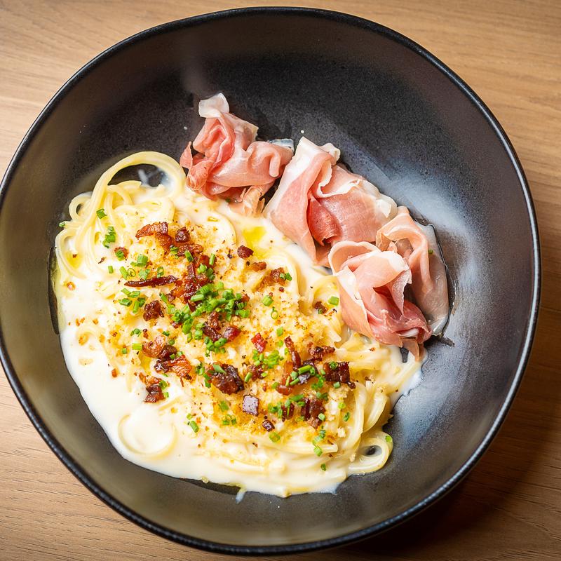 menu item 8 of 36, Spaghetti with Parmesan Fonduta & Prosciutto Di Parma